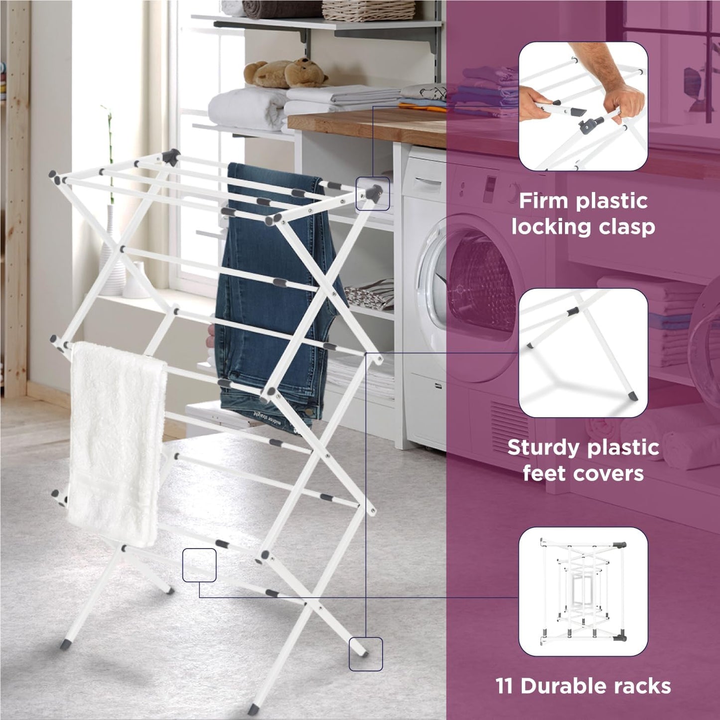 BLACK+DECKER 3 Tier Expandable Collapsing Foldable Laundry Rack for Air Drying Clothing, Space Saving Heavy Duty Lightweight Metal Drying Rack(White)