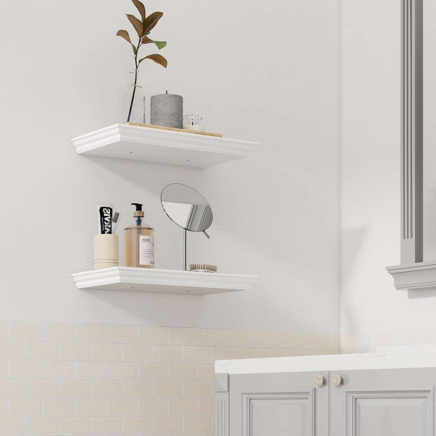 Floating Shelves for Wall, 16 Inch Wall Mounted White Hanging Shelf for Kitchen, Living Room, Office, Bedroom, Bathroom, Retro Vintage Wood Bookshelf for House Decor