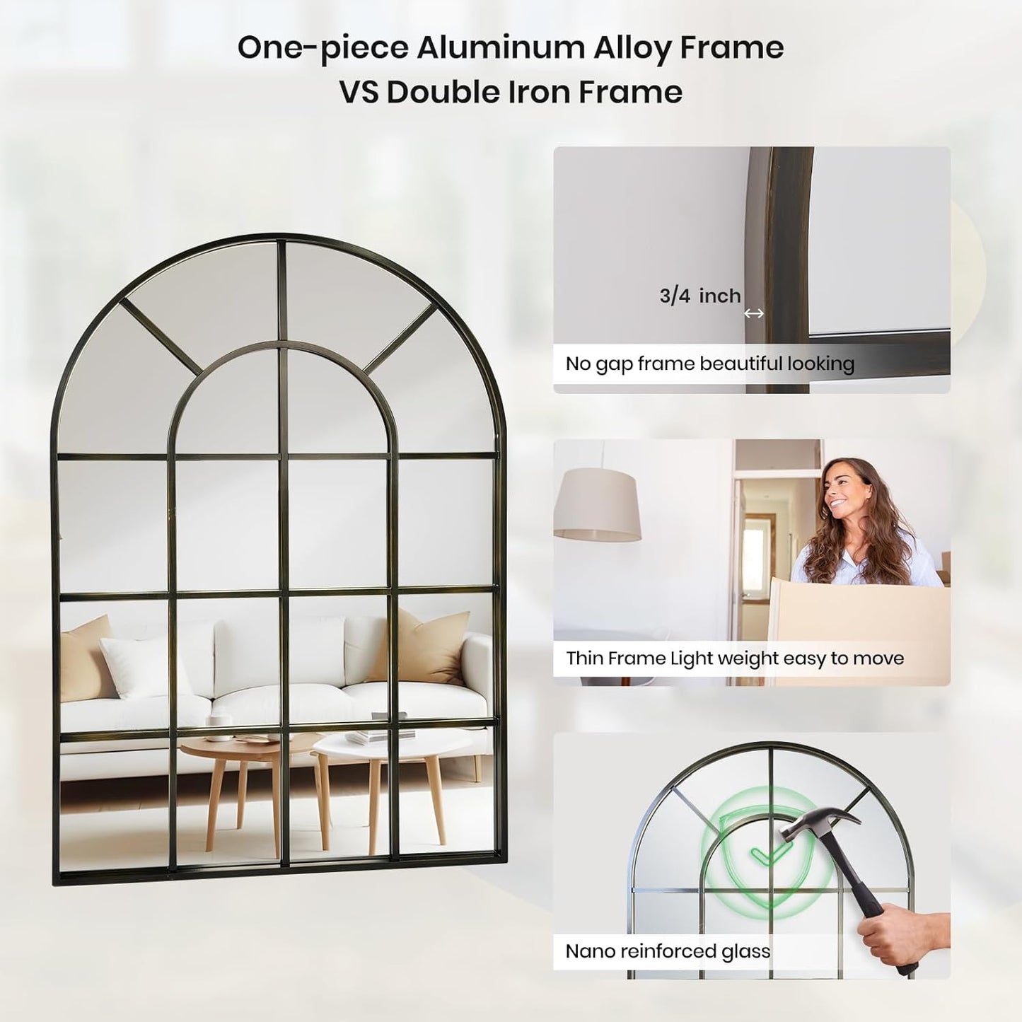 Arched Windowpane Wall Mirror 30"x40" Bronze Wall Mounted Art Pane Mirror Farmhouse Decorative Mirror Leaning Hanging Wall Mirror for Bedroom Living Room Entrance Hallway Wall Decor