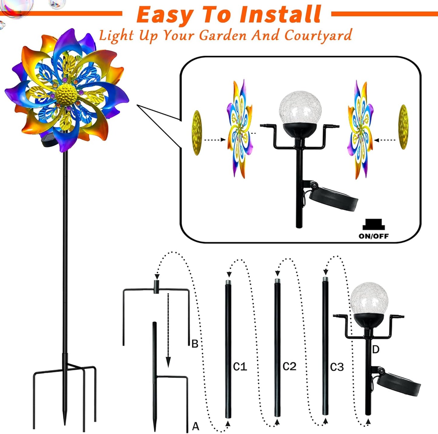 60 Inch Solar Wind Spinner Outdoor - Double-Sided Rotating Colorful Kinetic Wind Spinners for Garden, Yard Decorations Outdoor,Metal Wind Sculptures & Spinners, Wind Art