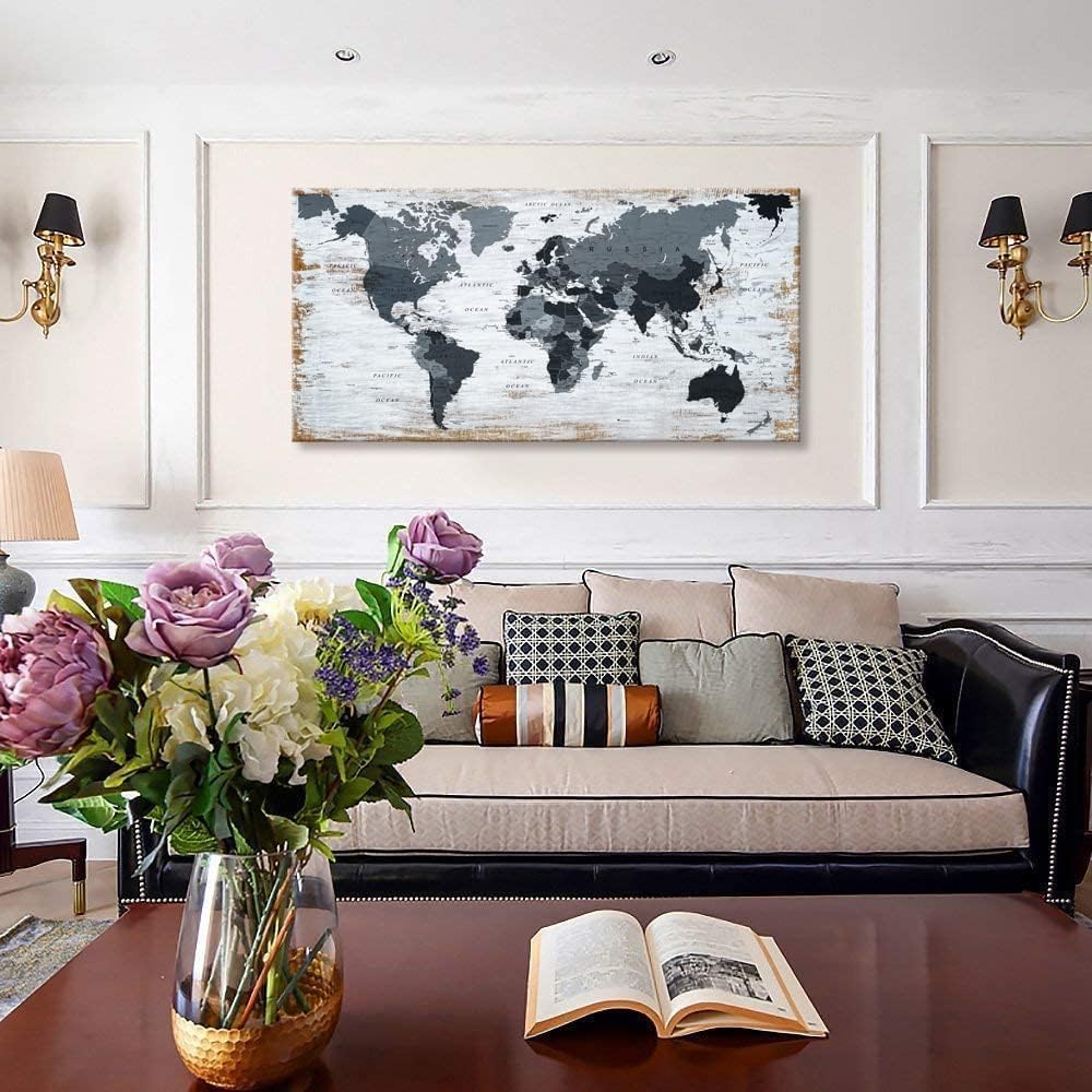 lagre size 36inchx71inch world map Canvas Wall Art Black Wall Decor Office Map of the world Pictures for Living Room Decoration Map Picture Framed Artwork for Home Bedroom Decoration