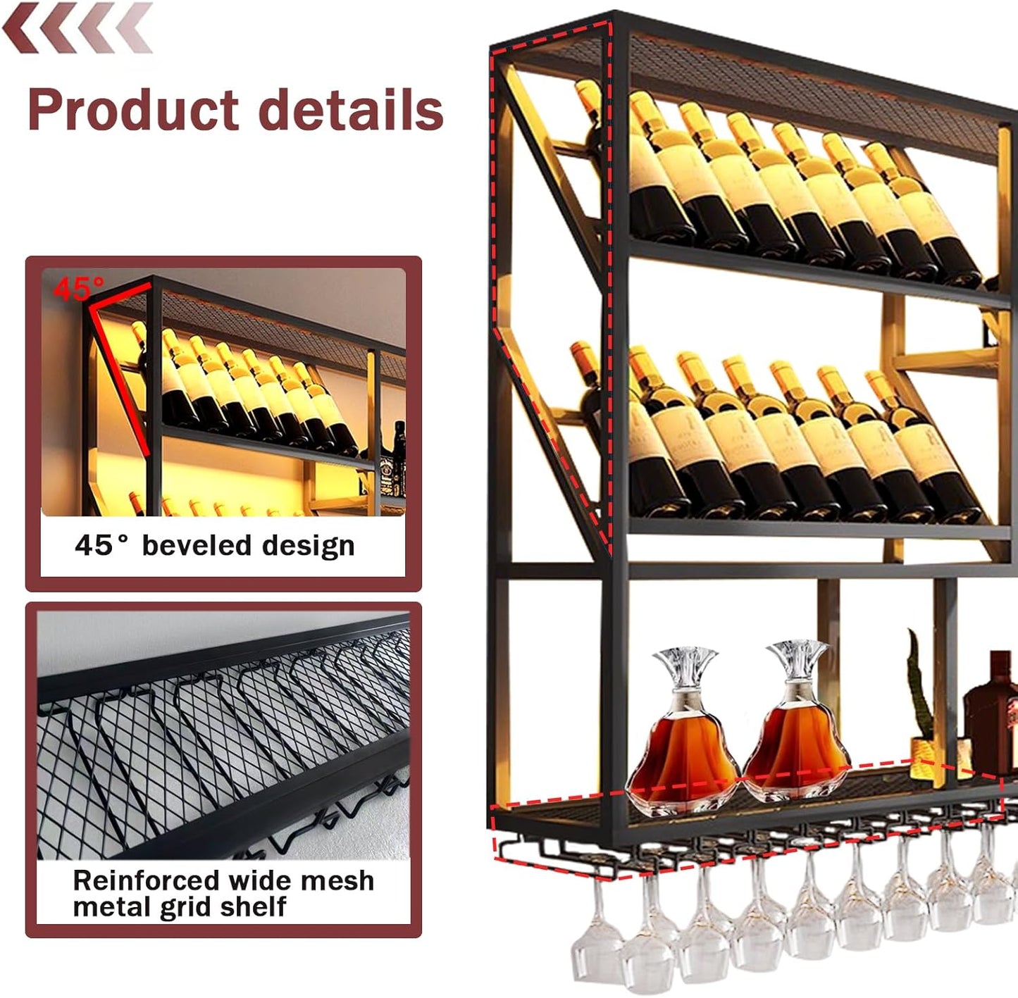70.8Inch Wall Mounted Wine Rack, 3 Tiers Large Bar Shelves with 18 Glass Holder, Metal Wine Bottle Display Shelf, Modern Iron Liquor Shelf, for Kitchen Dining, Home Bar, Cellar (70.8" W)
