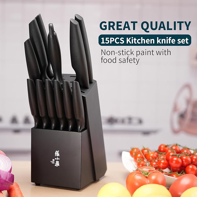 Zhang Xiao Quan Since 1628 15-Piece Kitchen Knife Block Set with Sharpening Steel Knive Set Ergonomic Handle Dishwasher Safe(Black)