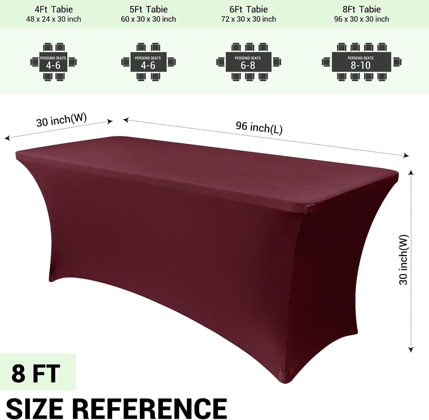 Obstal 8Ft Stretch Spandex Table Cover for Standard Folding Tables - 2 Pack Universal Rectangular Fitted Tablecloth for Party, Banquet, Events, Trade Show (Wine Red, 96L x 30W x 30H Inches)