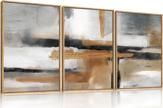 Modern Abstract Framed Canvas Wall Art Set, Neutral Textured Wall Decor, Boho Minimalist Gold and Gray Wall Painting for Living Room, Bedroom, Dining Room, Office - 16" x24" x3