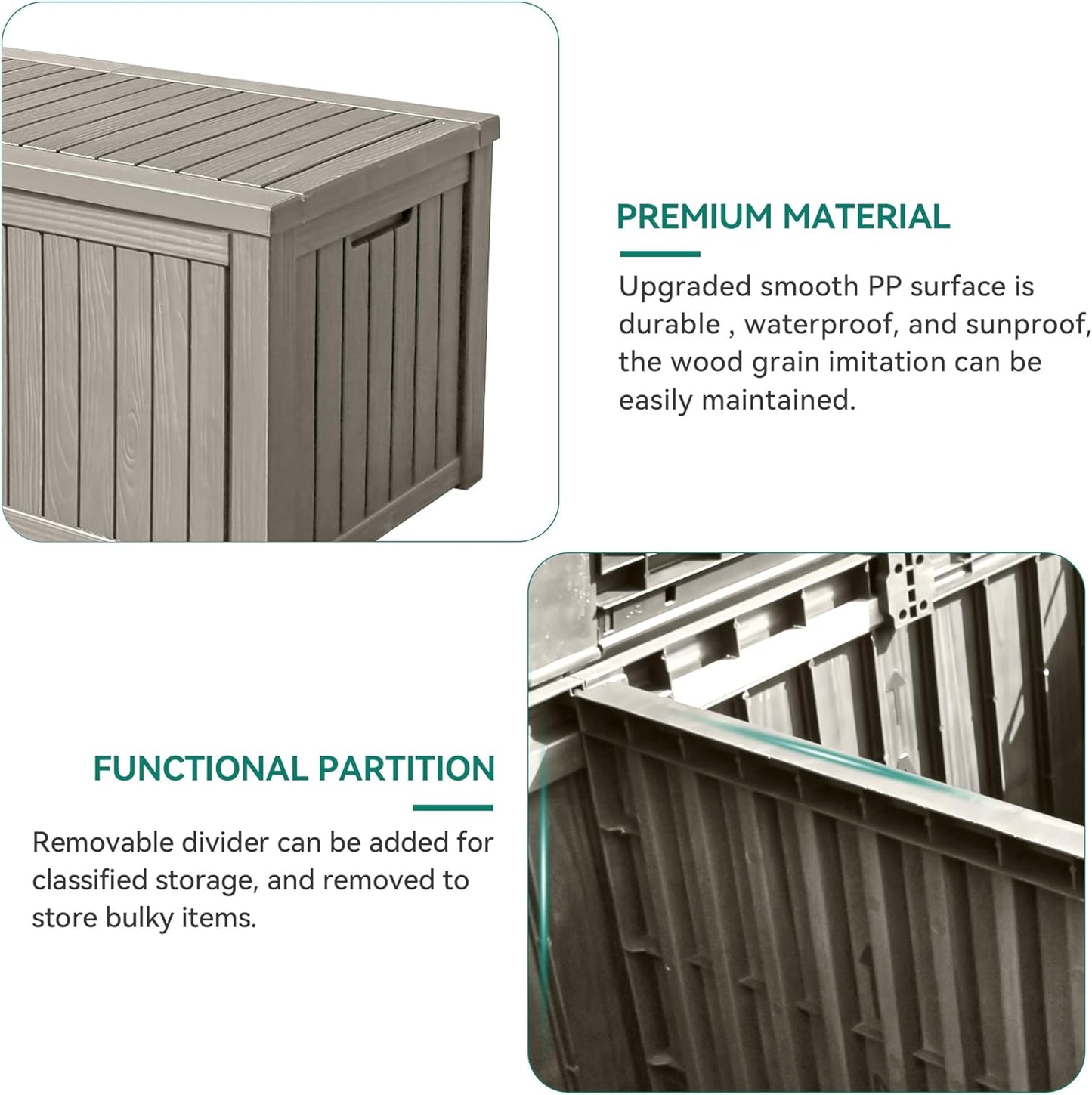 YITAHOME 150 Gallon Large Outdoor Storage XL Deck Box w/Divider for Patio Furniture,Outdoor Cushions, Garden Tools, Sports Equipment and Pool Supplies, Waterproof, Resin, Lockable, Taupe