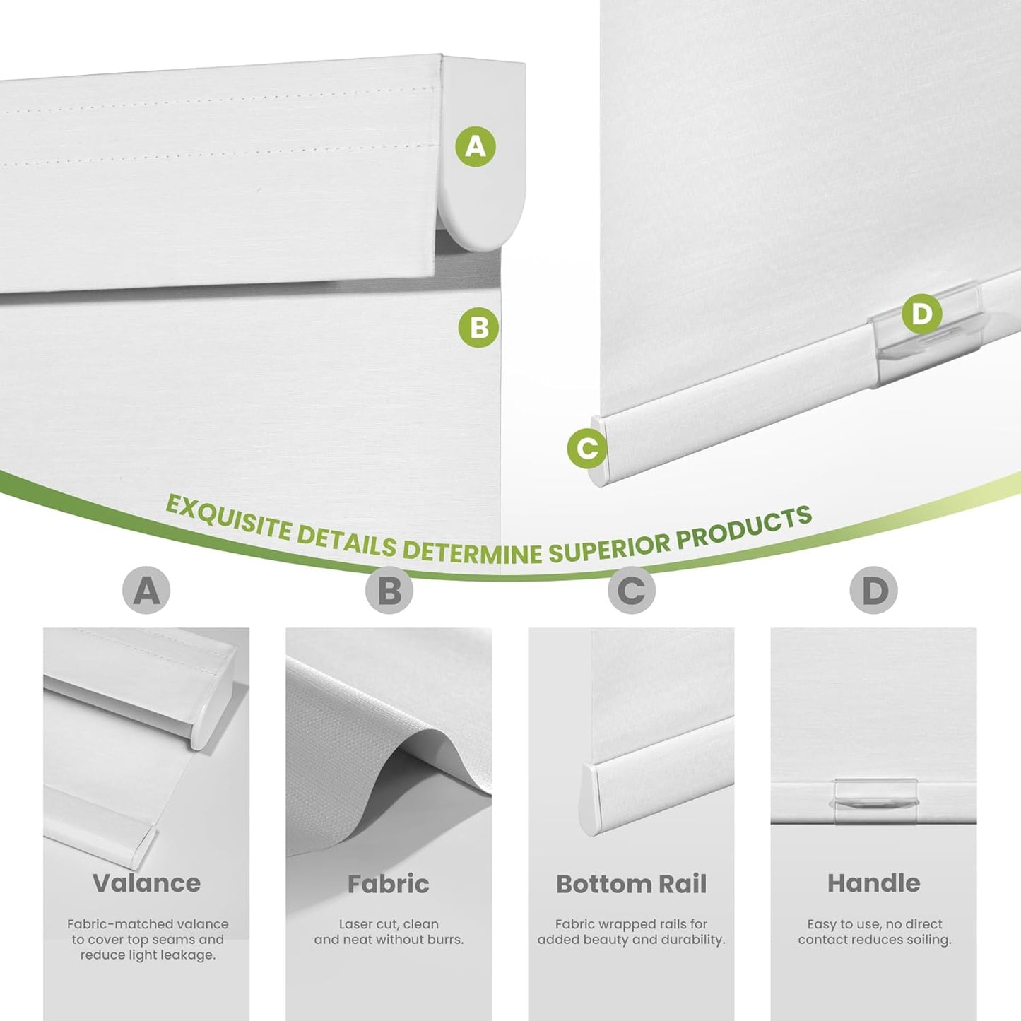 Blackout Roller Shades for Indoor Windows, Cordless Jacquard Fabric-Matched Roller Blinds, Easy to Install Privacy UV Protection Roll Up Blinds for Home Office, Pure White, 22" W x 72" H