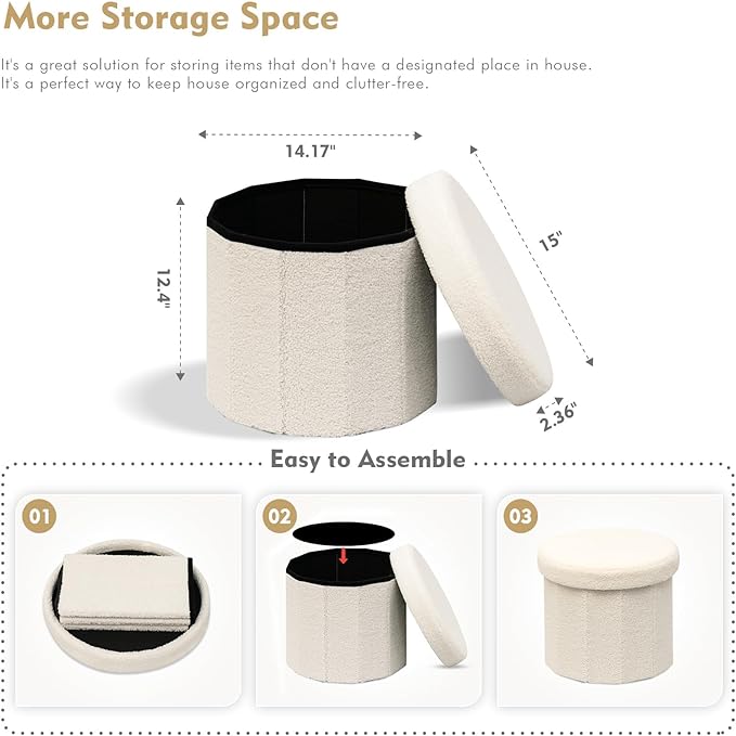 B FSOBEIIALEO Storage Ottoman Cube, Round Ottomans with Storage Foot Stool Footrest for Lving Room, Boucle Ottoman Seat for Dorm Room,Faux Teddy Fur, Cream White 15"x15"x15"