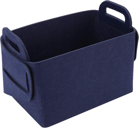 Minoisome Storage Basket Felt Storage Bin Collapsible& Convenient Box Organizer with Carry Handles for Office Bedroom Closet Babies Nursery Toys Laundry (Navy Blue, 13.8inch（L）×9.5inch（W）×8.3inch（H）)
