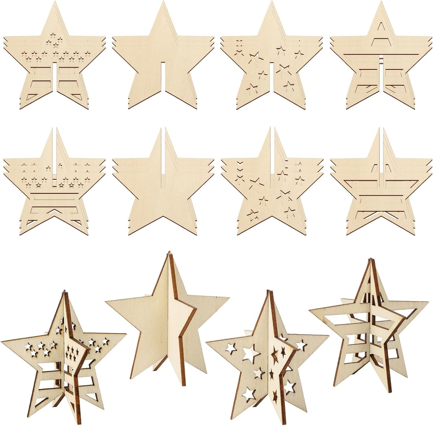 COCHIE DIY 3D 4th of July Stars Wood Crafts to Paint for Kids Adults, Paintable Unfinished Wooden Slices for Craft, Memorial Day Veterans Day Star Cutouts Ornaments for Painting Decorations (24 PCS)