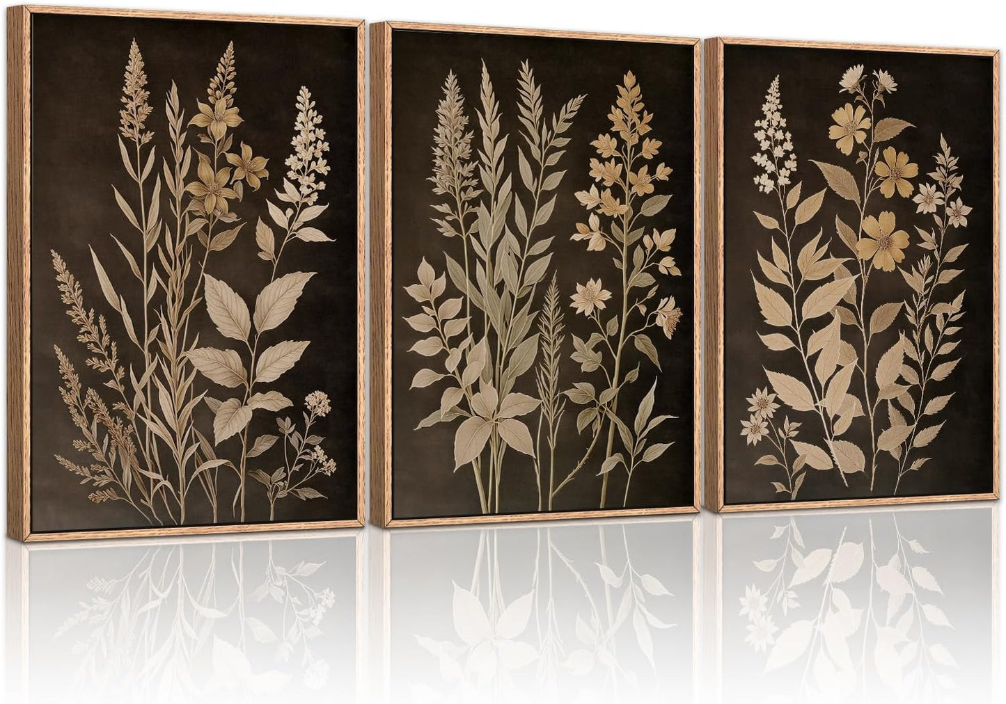 HLNIUC Vintage Botanical Fern Framed Canvas Wall Art Set,Black and Tan Plant Leaf Wall Decor,Netural Minimalist Herb Floral Art Print,Modern Farmhouse Wall Painting for Living Room,Bedroom - 16”x24”x3