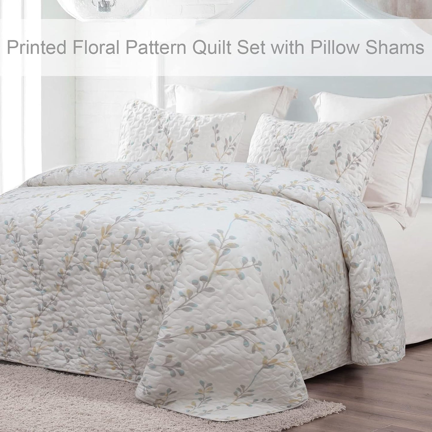 Exclusivo Mezcla Reversible Boho Quilt Set Queen Size, 3 Pieces Flowers White All Season Bedspreads, Ultra Soft Floral Coverlet Bedding Set with Printed Pattern (1 Quilt, 2 Pillow Shams)