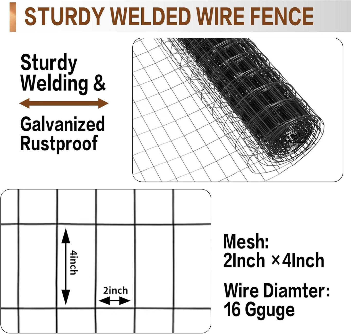 Tongmo 2 ft x 100 ft Black PVC Coated Welded Wire Fence, 16GA Garden Chicken Wire Fence Roll, Mesh Size 2" x 4" Hardware Cloth, Ideal for Yard Protection and Poultry Netting