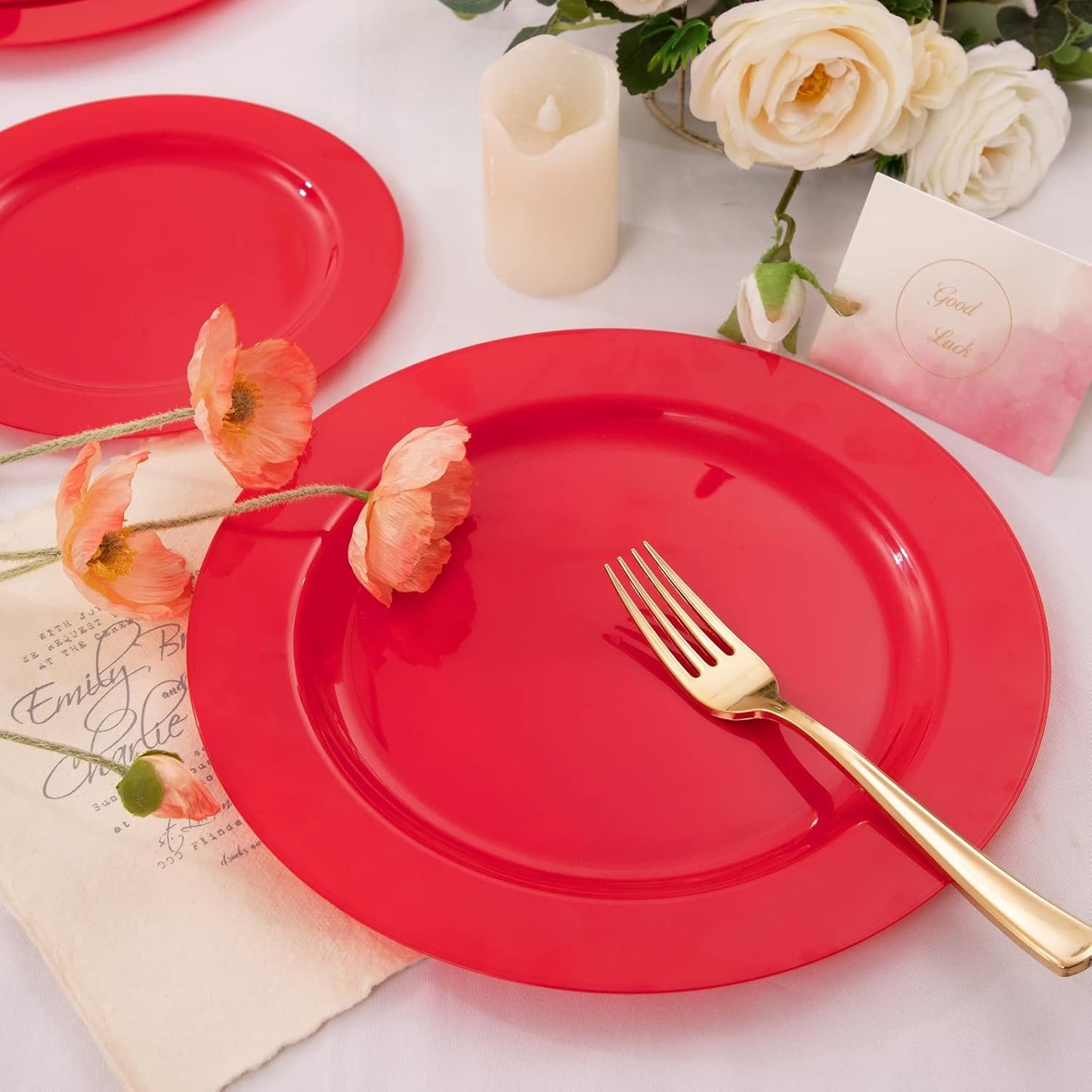 FLOWERCAT 60PCS Red Plastic Plates - Heavy Duty Red Plates Disposable for Party - Include 30PCS 10.25inch and 30PCS 7.5inch for 30 guests Party & Christmas & New Year