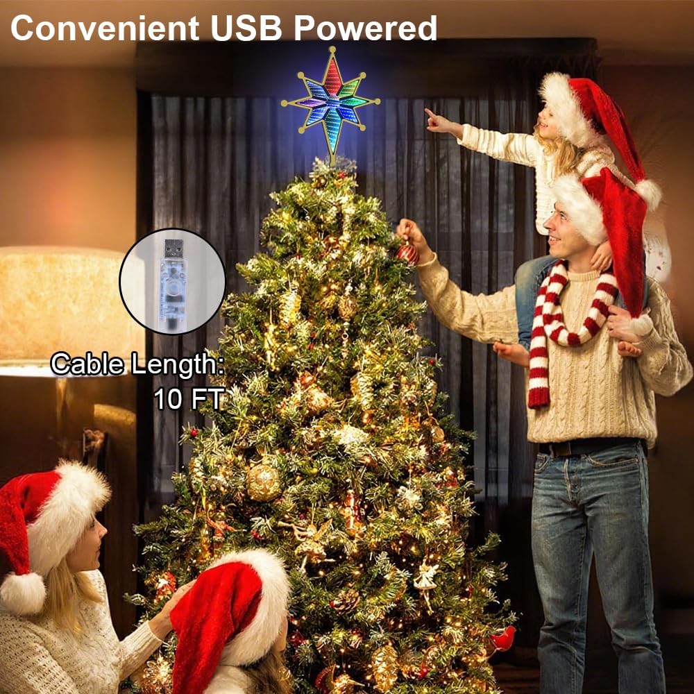 MEETYAMOR Christmas Tree Topper, 13" 130 LEDs RGB Color Change Lighted 8-Point Star Tree Topper, App, Remote & Touch, USB Powered 3D Infinity Mirror Music Sync Treetop Decorations for Xmas Party Gift