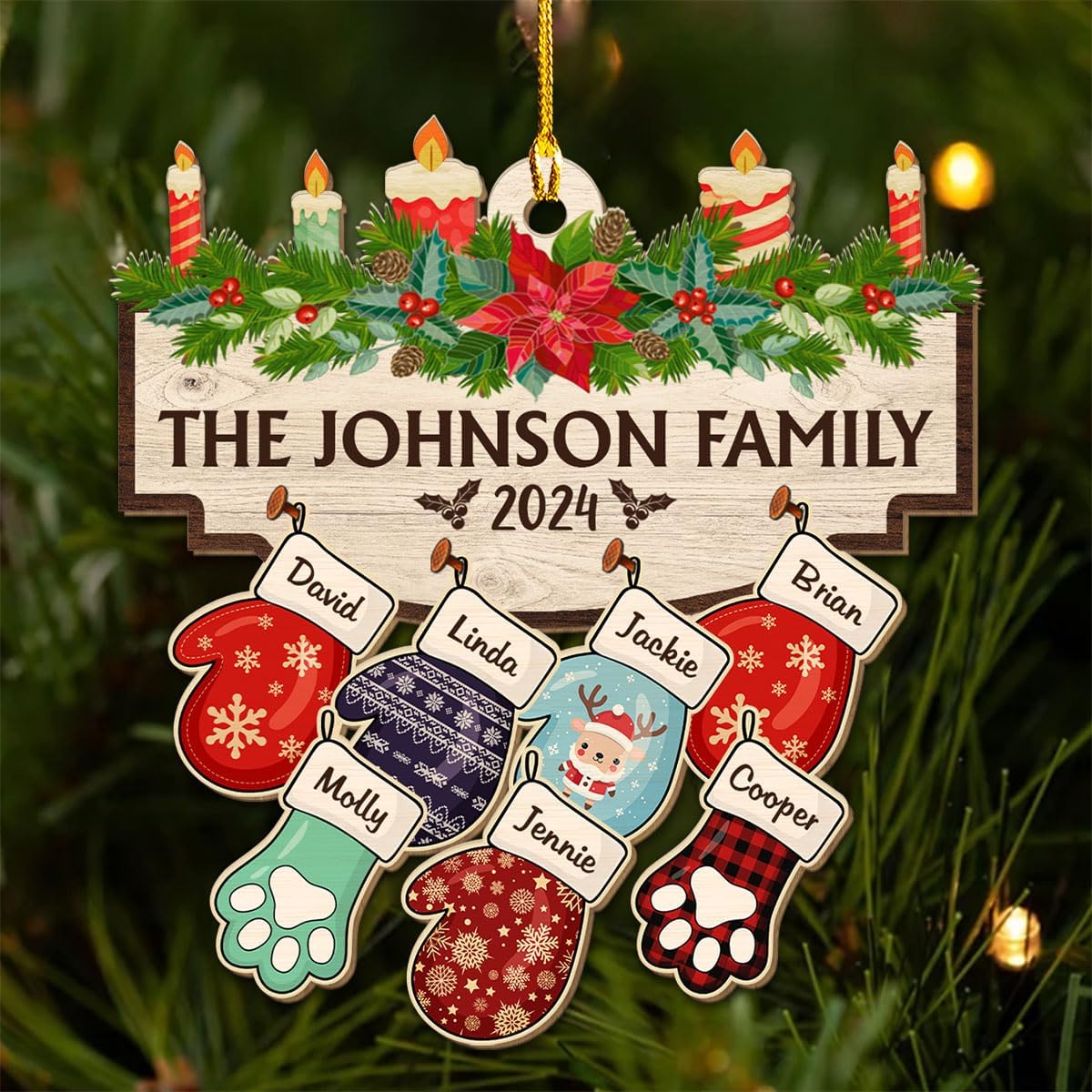 Family with Pet Ver 2 - Personalized Custom Wood Ornament, Family Gloves Christmas Ornament 2024, Xmas Ornament Gifts for Family Tree Decoration (A06, 9 Names)