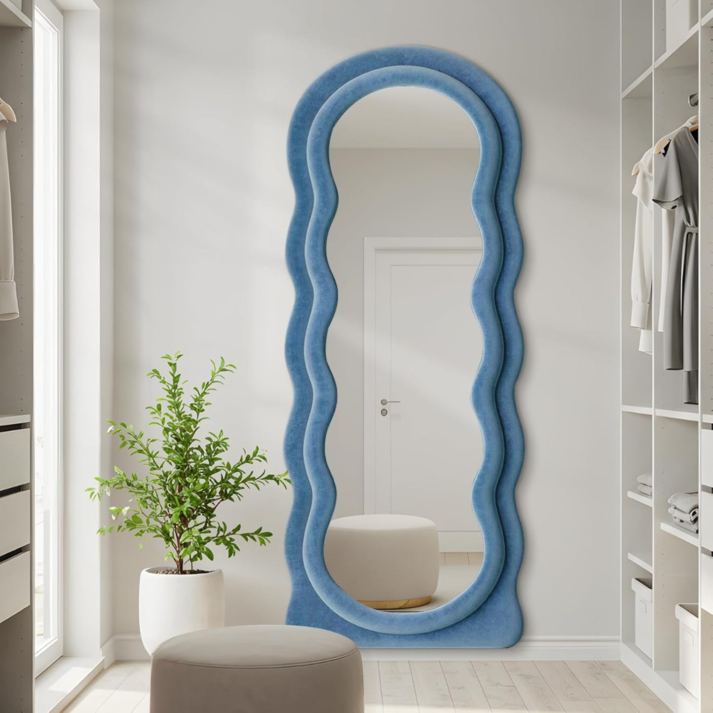Full Length Mirror 63"x24" Arched Wavy Full Body Wall Mounted Floor Mirror with Stand Blue Flannel Frame Leaning Hanging Wall Mirror for Bedroom Entrance