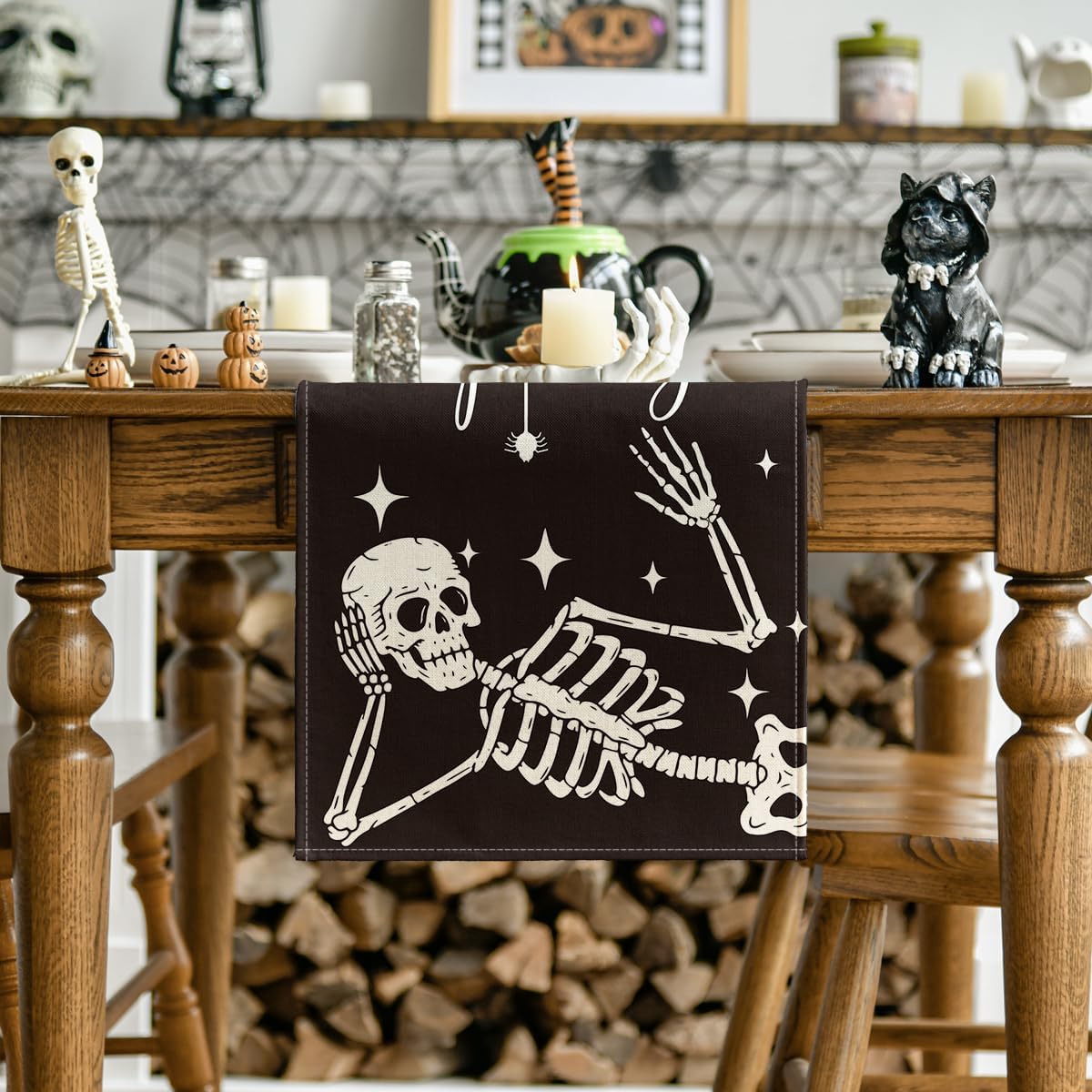 Artoid Mode Spooky Skeleton Spider Bone Halloween Table Runner, Holiday Kitchen Dining Table Decoration for Home Party Decor 13 x 36 Inch