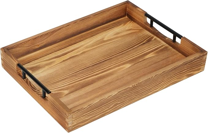 LotFancy Large Ottoman Tray for Living Room, 17x13'' Wood Serving Tray with Handles, Home Décor for Coffee Table, Sofa, 2 Skidproof Coasters Included