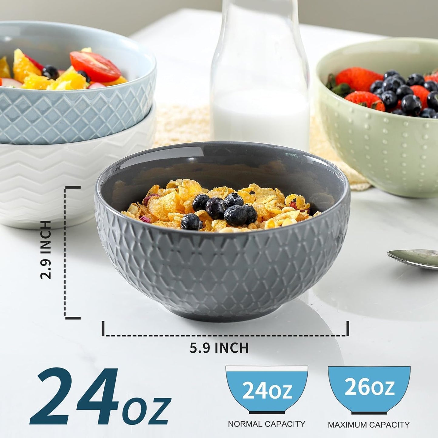 Hasense 26 OZ Soup Bowls, Ceramic Cereal bowls Set of 2 for Kitchen, Embossed Stoneware Porcelain Salad Bowls for Soup, Cereal, Oatmeal, Fruit, Microwave Dishwasher Safe, White And Gray
