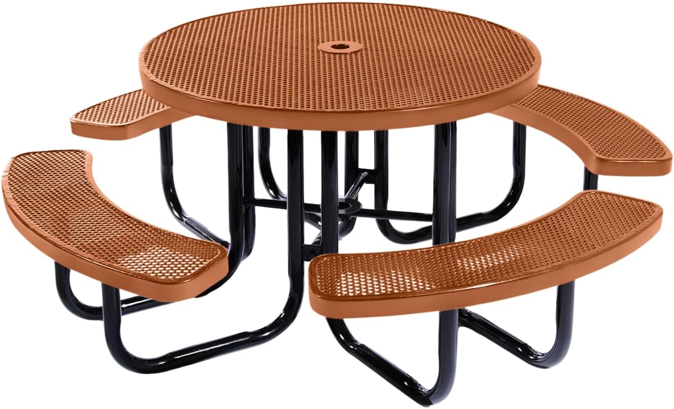Heavy-Duty Portable Outdoor Picnic Table with Umbrella Hole, Punched Steel Commercial-Grade Patio Dining Furniture Made in America (46" Round Top, Textured Copper)