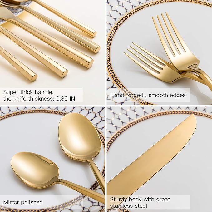 Gold Silverware Set Flatware Set Stainless Steel Cutlery Set Hexagon Handle Home Kitchen Daily Use 30 Pieces Service for 6