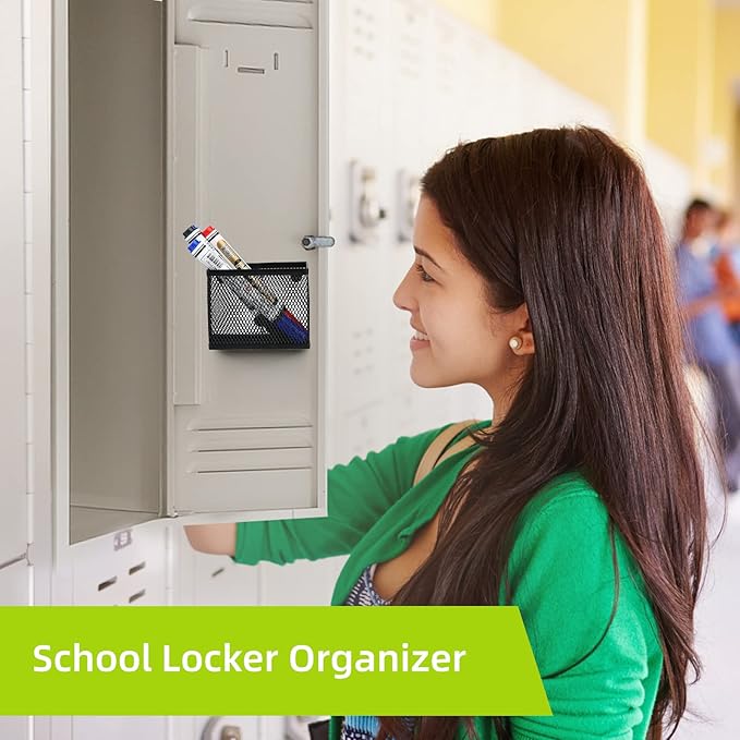 Neudeco Magnetic Pencil Holder, Locker Shelf Organizer, Metal Storage Basket for Whiteboard, Refrigerator, Ideal Cabinet for School, Black (Pack 4)