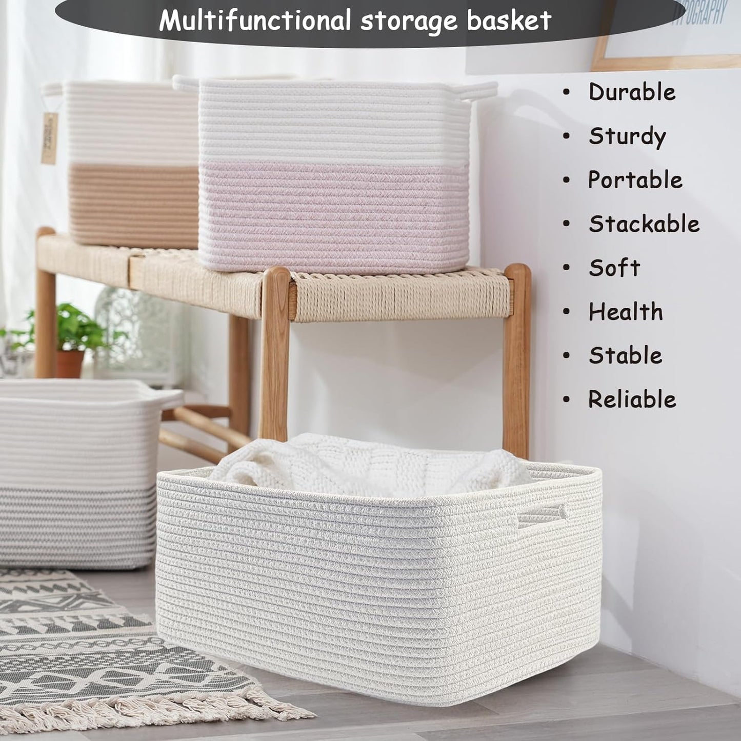 COMFY-HOMI Cotton Rope Woven Basket with Handles for Shelves,Toys,Book, Cloth Storage Baskets for Organizing-17" x 13" x 7.5" Toy Decorative Organizer for Living Room, Bathroom （All White）