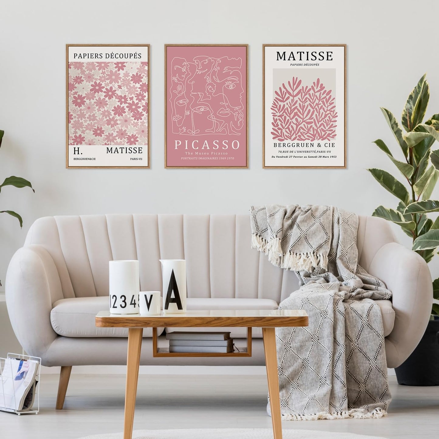 HLNIUC Matisse Pink Wall Art,Neutral Pink Flower Framed Canvas Wall Decor Set of 3(16”x24’) Modern Aesthetic Pictures Wall Painting,Abstract Flower Market Art Print for Living Room,Bedroom