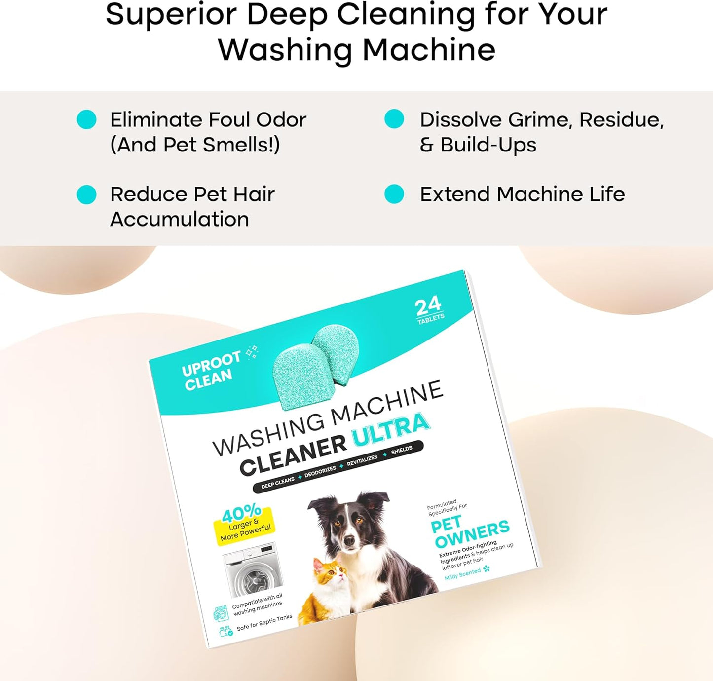 Uproot Clean Washing Machine Cleaner Tablets Ultra - 40% Stronger Formula: Designed for Pet Owners, Remove Residue, Grime & Odors, Compatible with HE, Top & Front Load, 24 Pack - 12 Month Supply