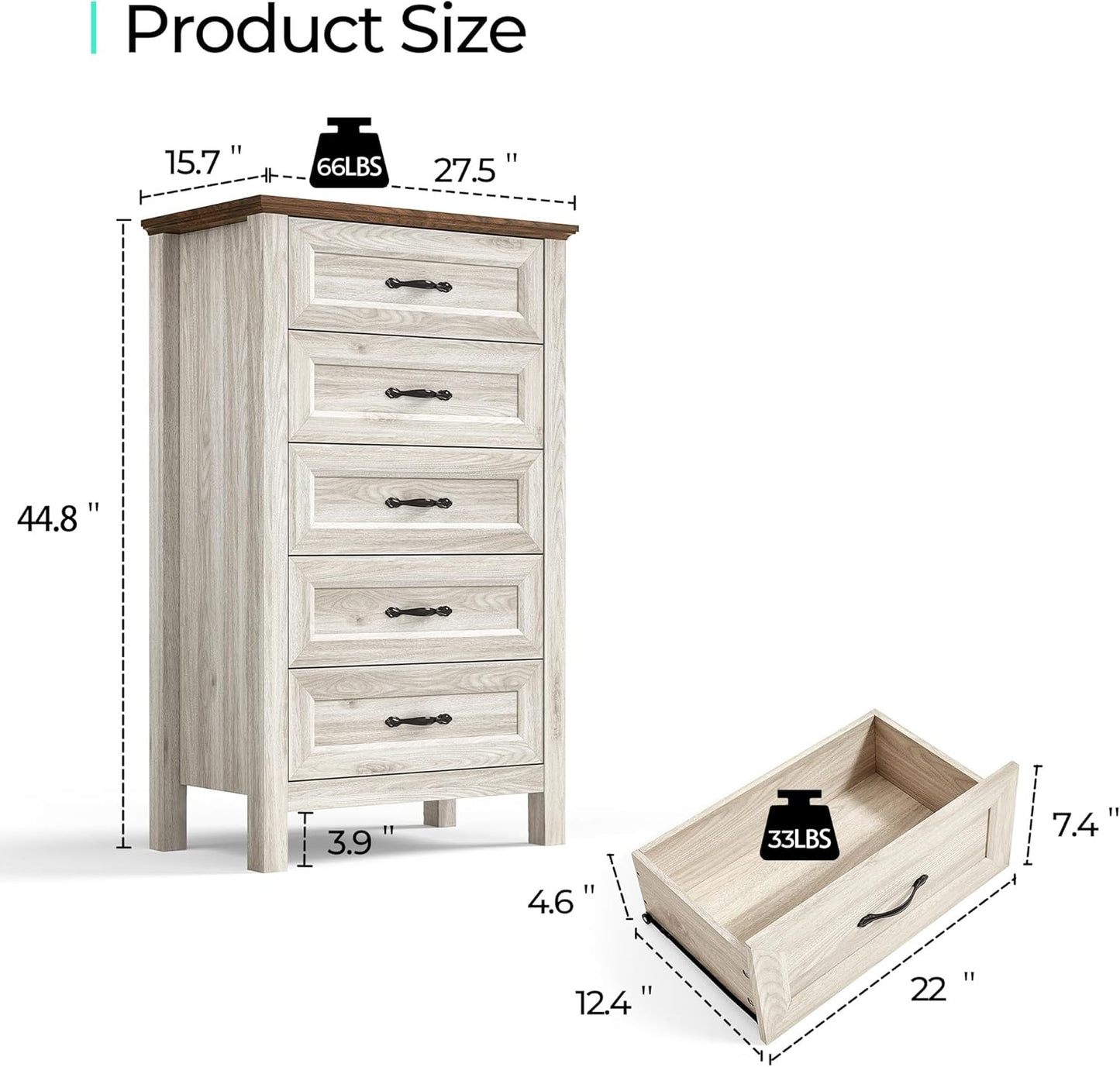 LINSY HOME 5 Drawers Dresser for Bedroom, Wood Tall Bedroom Chest of Drawers with Metal Handle, Farmhouse Dressers Organizer for Living Room, Closet, Hallway, White Oak