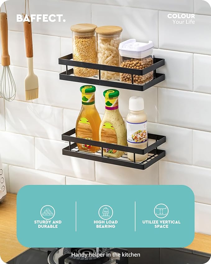 Metal Spice Rack Wall Mount Floating Shelves 2 Pack Black Storage organizer for Cabinet Door Pantry Kitchen Bathroom Supplies (9.8inches length)