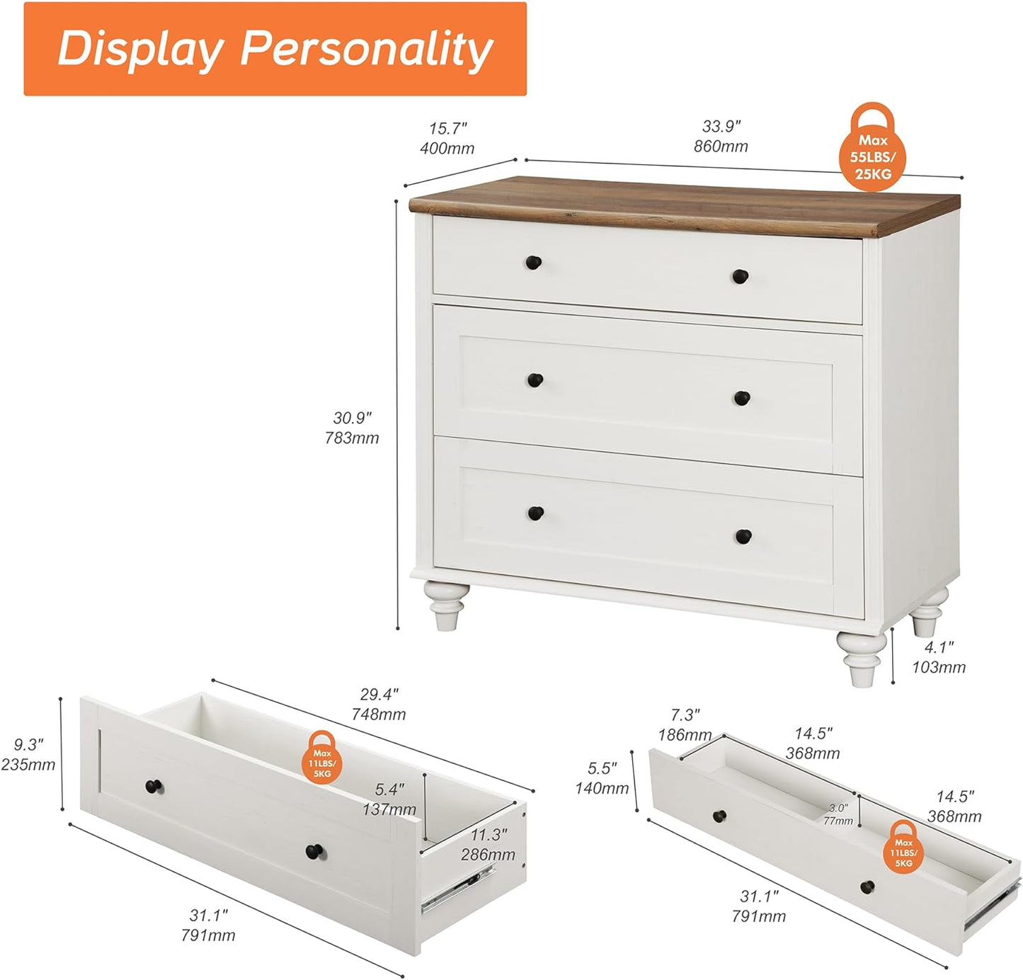 WAMPAT Dresser for Bedroom with 3 Drawers, Kids Dressers with Wide Chest of Drawers, Mid Century Modern Wooden Closet Storage Organizer for Living Room, Nursery, Hallway, White