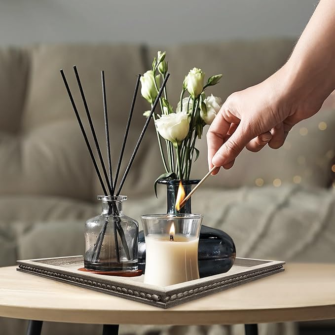 Wood Decorative Tray-Vitage Brown Washed Bead Tray for Coffee Table Wooden Serving Trays Ottoman Tray for Living Room Candle Holder Home Organizer Farmhouse Home Decor (Rectangular)