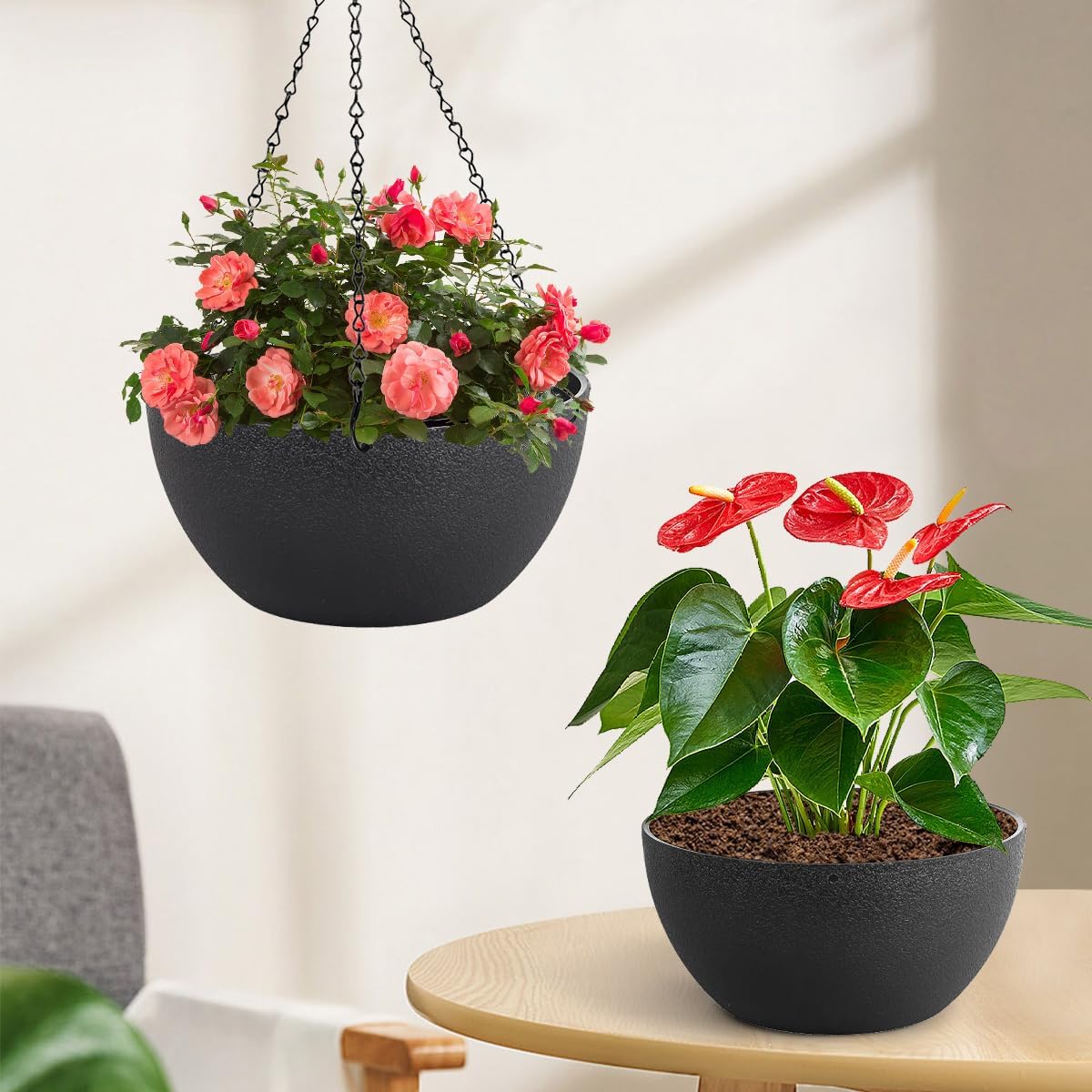 13 inch Hanging Planters for Indoor Plants, 2 Pack Planters for Outdoor Plants with Drainage Holes and Chain, Round Plastic Hanging Baskets, Hanging Flower Pots for Balcony Garden Decor-Black