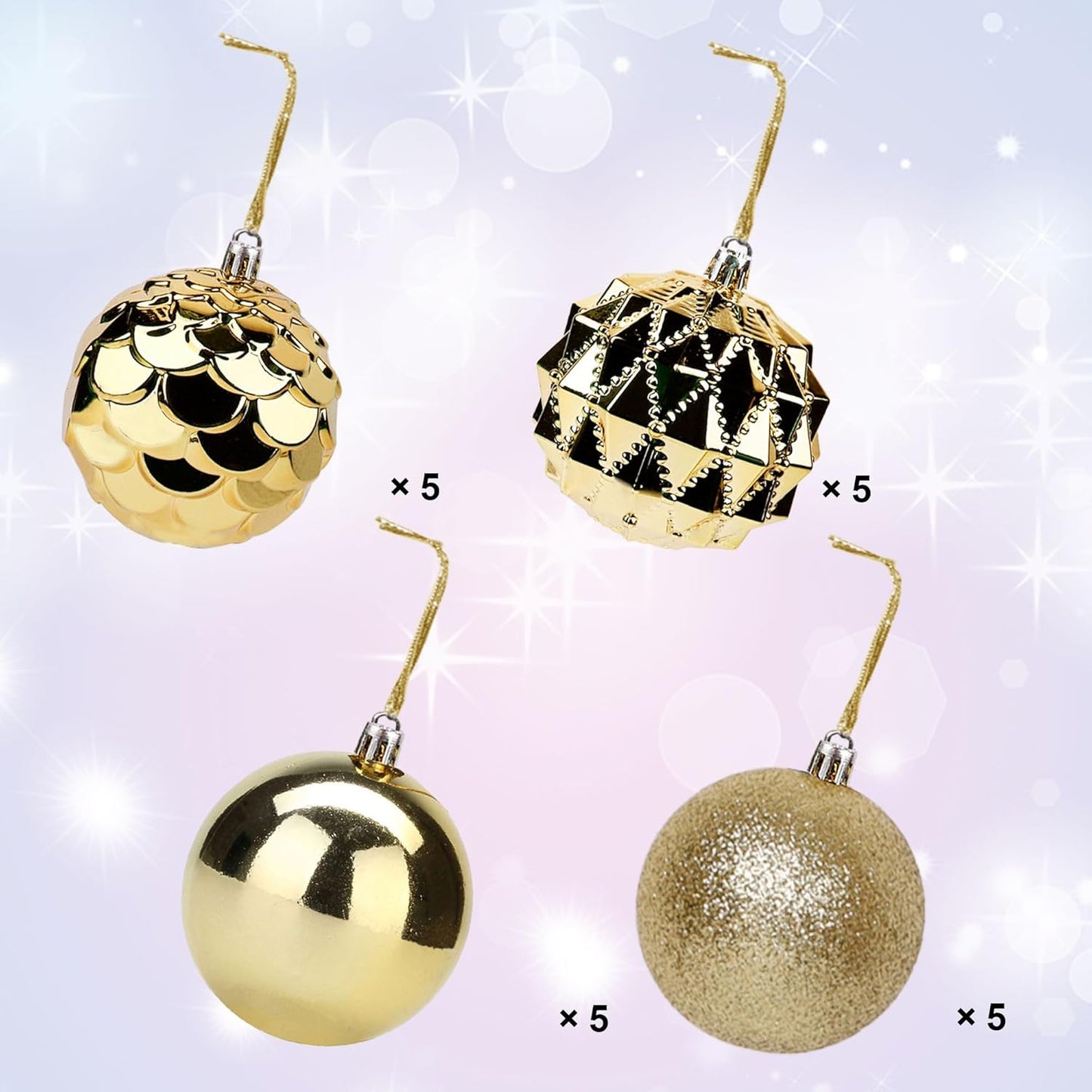 Lulu Home Christmas Ball Ornaments, 20 Ct 3.15" Pre-Strung Hanging Ornament Decorations, Xmas Shatterproof Plastic Balls for Holiday Party Wreath Garlands Trees, Golden