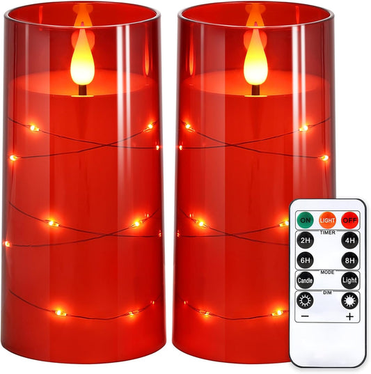 NURADA Flickering Flameless Candles: Built-in Star String Lights Battery Operated LED Pillar Candles with Remote and Timer Romantic Decorations for Wedding Party Christmas Halloween - Red 2 Pack