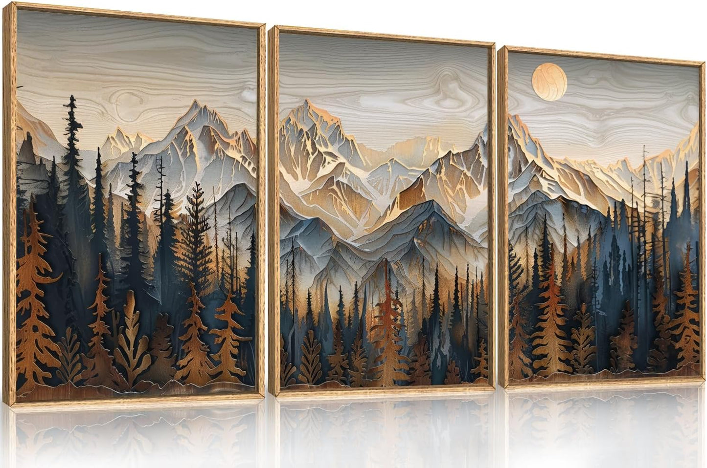 Celestdeco Wood Mountain Framed Canvas Wall Art Set, Pine Trees Wall Painting, Ridge Scenery Wall Decor, Natural Sun Landscape Art Print for Living Room, Bedroom, Dining Room, Office - 24"x36"x3