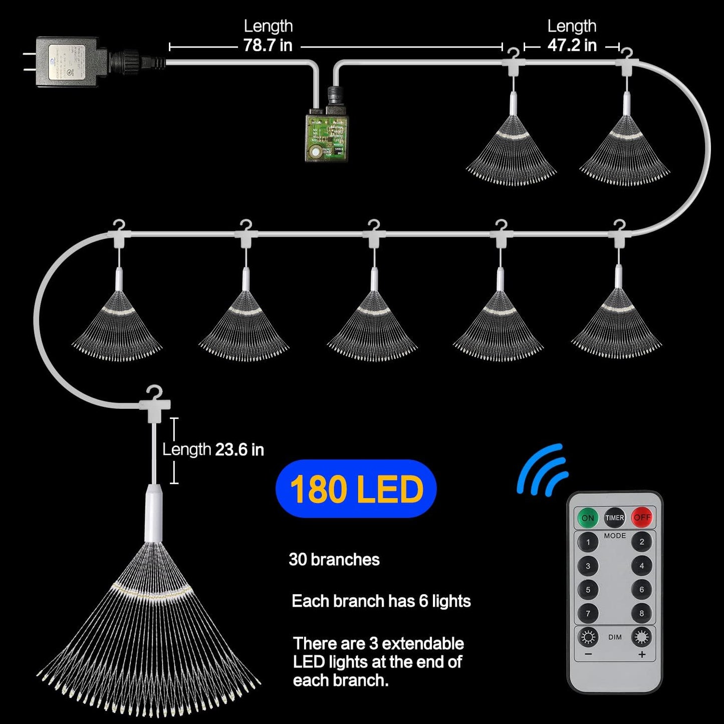 8 Pack Firework Lights 180 Led Copper Wire with 8 Models Power Supply Remote Control Waterproof Outdoor Hanging for Decor Garden Party Christmas