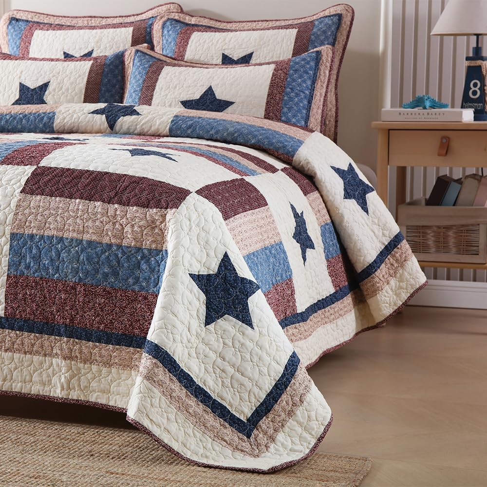 Cotton Bedding Quilt Sets 3 Pieces Reversible Coverlet Sets All Season Boys Real Patchwork Bedspread, MediterraneanStar Pattern,King Size