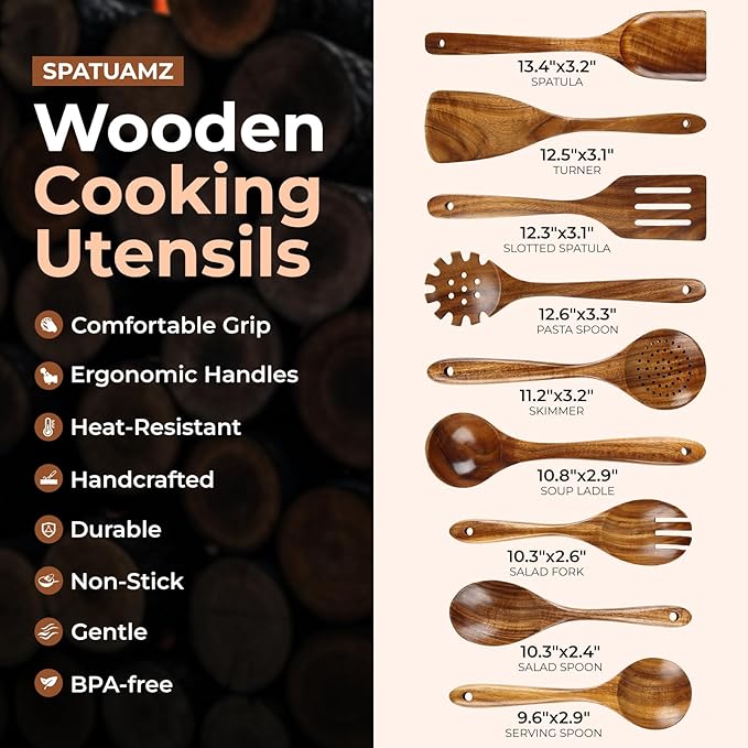 SPATUAMZ Natural Kitchen Utensils Set Wooden, Teak Wooden Spoons for Cooking, Wooden Utensils Set of 9 for Any Kitchen