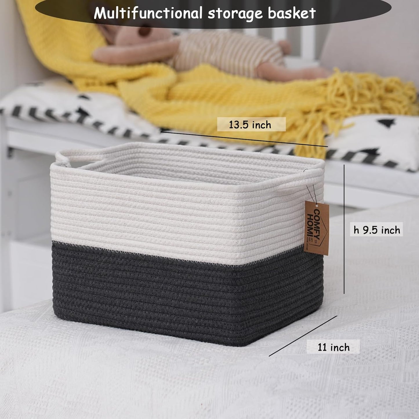 COMFY-HOMI Cotton Rope Woven Basket with Handles for Shelves,Toys,Book, Cloth Storage Baskets Bin for Organizing-13.5"x11"x9.5" Toy Decorative Organizer for Living Room, Bathroom-White/Dark Grey