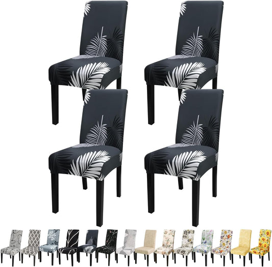 JQinHome Pattern Chair Covers for Dining Room Set of 4, High Stretch Removable Washable Parsons Chair Slipcover for Home Party Hotel Wedding Ceremony (Plume Black,4PCS)