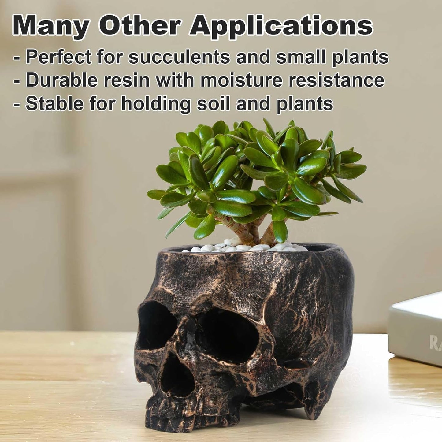 Halloween Skull Candy Dish- Deep Skull Head Halloween Candy Bowl Holder Artificial Resin Skulls Decor Indoor Outdoor Table Centerpieces Flower Pot Plant Office Pen Holder Desktop Ornaments - Bronze