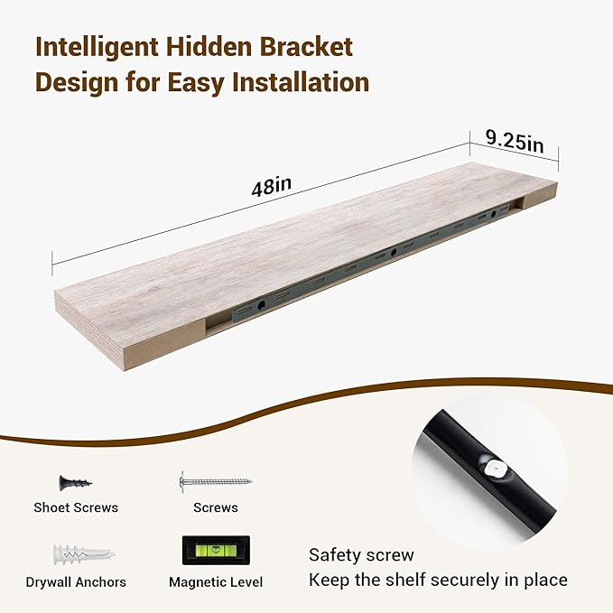 48 Inch Floating Shelves, 3D Textured Wood Grain, 48"x9.25"x1.5" Inch Deep Floating Shelves for Wall, Wooden Shelves for Bathroom, Bedroom, Living Room, Washed White