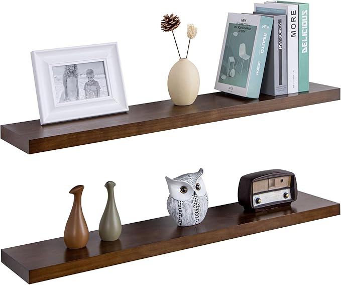 Floating Shelves 36 Inches Long - 8 Inch Deep Rustic Solid Pine Wood for Storage - Farmhouse Wall Mounted for Living Room - Heavy-Duty Metal Bracket - 36" W x 8" D - Set of 2 - American Walnut Color