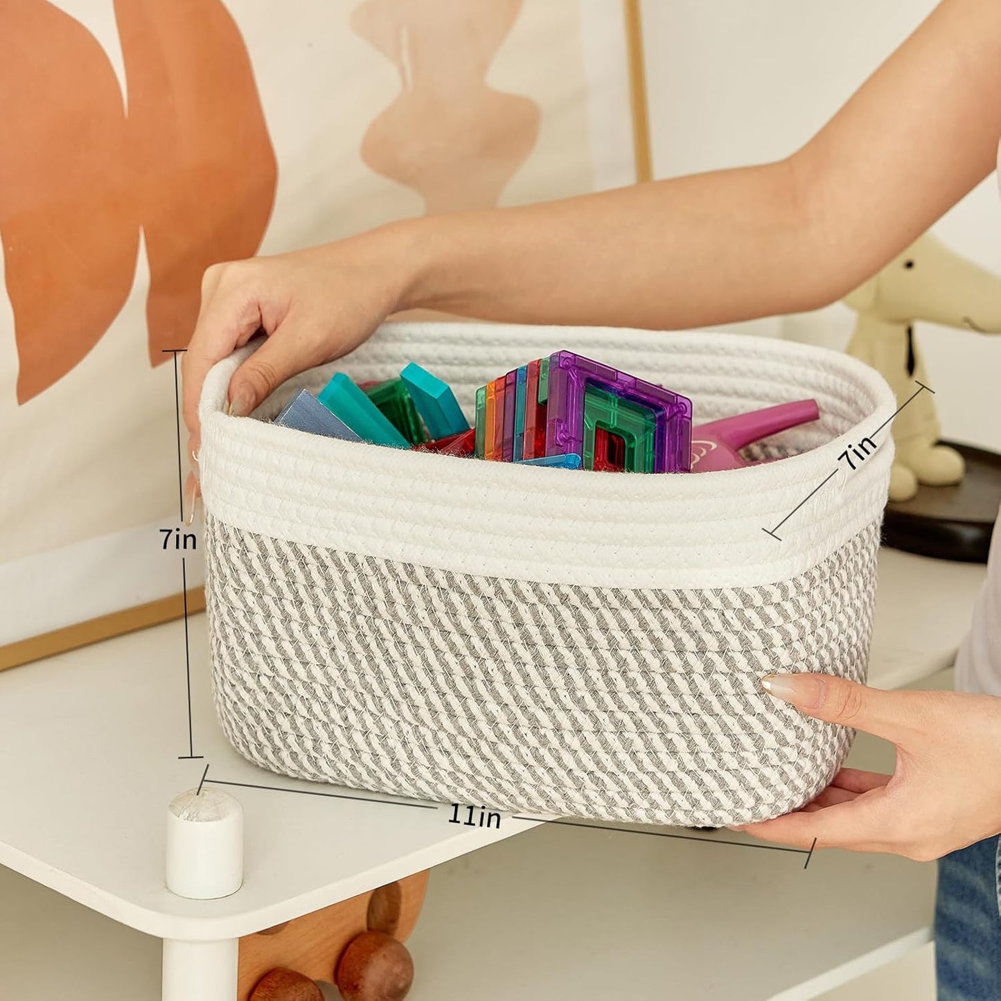 Small Cotton Rope Storage Basket Set of 3-11"x7"x7" Perfect Woven Baskets for Storage, Ideal Storage Baskets for Organizing Toys, Towels, and More - Baskets for Shelves（White & Mixed Grey）