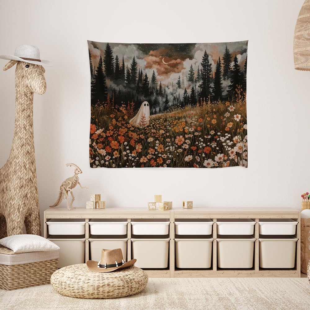 Spooky Fall Forest Art Halloween Tapestry Wall Hanging Cute and Funny Forest Flower Ghost Tapestry for Bedroom Whimsical Dark Academia Aesthetic Tapestries for Home Living Room Decor 30x40inch