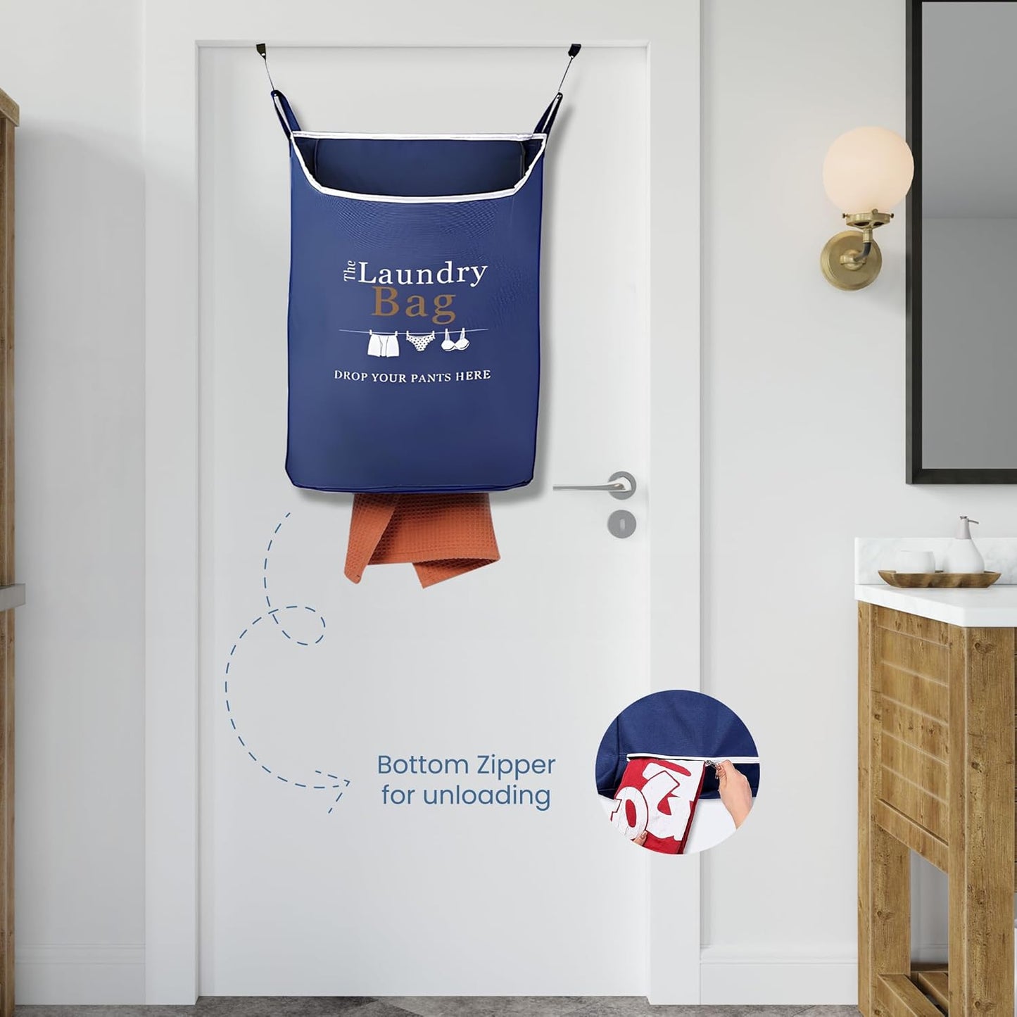 Fine Living Co. Large Hanging Laundry Hamper with Over Door Hooks & Adhesive, Durable Space Saving Laundry Bag with Zipper and Wide Open Top, Hanging Dorm Laundry Hamper (Navy Blue with Print-XL)