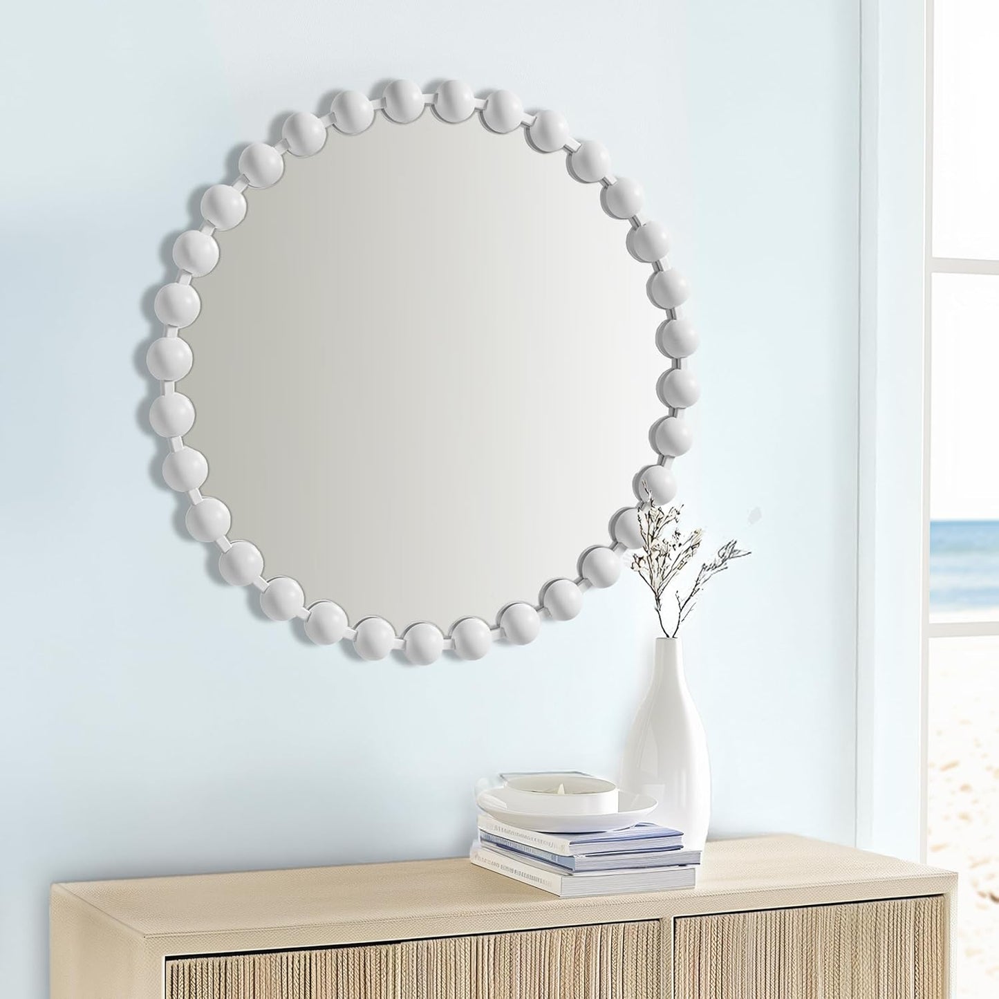 Madison Park Round Mirror, Metal Frame Circle Mirror 27 inch, Wall Art Decor Mounted Hanging for Entryway, Bathroom, Hallway, Living Room, Vanity, Marlowe, White